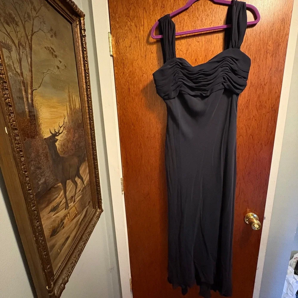 Black Silk Cocktail Midi Dress Ruched Sweetheart Formal Women's 16 - Picture 1 of 7